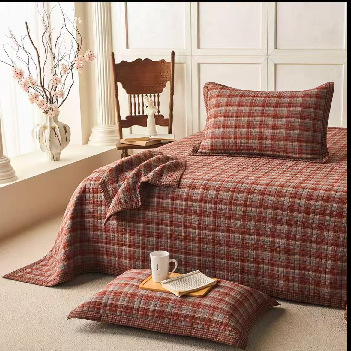 2026 new color-woven double-sided pure cotton bedspread set, consisting of three pieces, including a single bedspread and washed cotton bedding