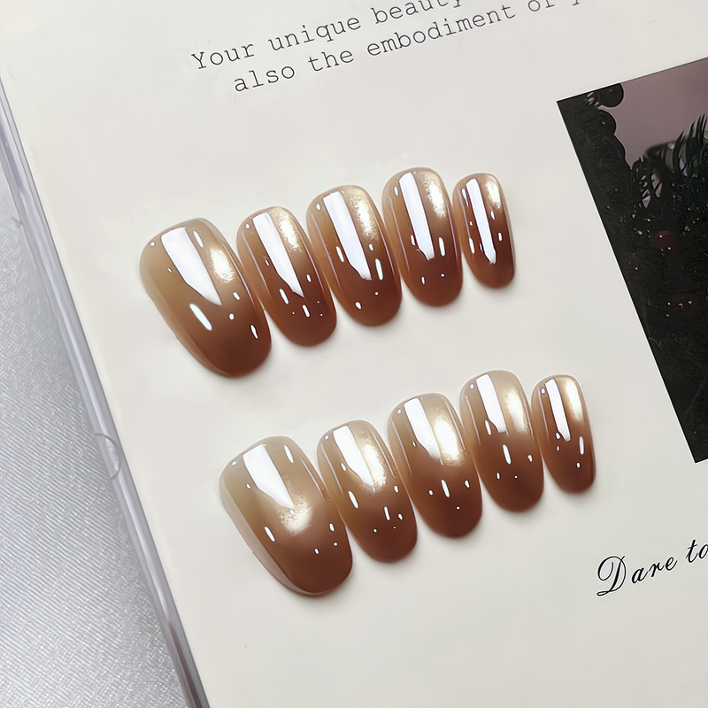 Meteorite Latte Internet Celebrity Hot Item: Elegant Coffee Brown Gradient Aurora Glass Bead Cat Eye Handmade Nail Art Wearable Nails Wholesale