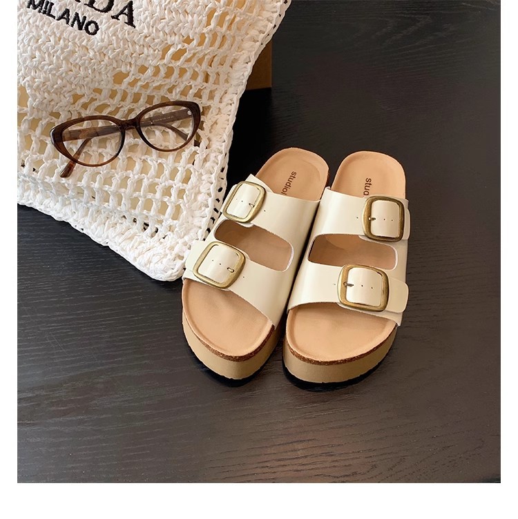 Nuevo retro doble hebilla de grapas de madres, zapatillas de playa elevadas, zapatillas de verano para mujeres