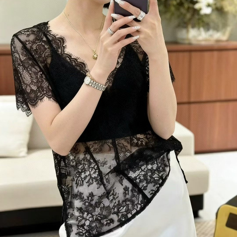 French-style V-neck eyelash lace short-sleeve shirt, sheer and lightweight, versatile for outerwear, solid color, slimming and elegant top 133