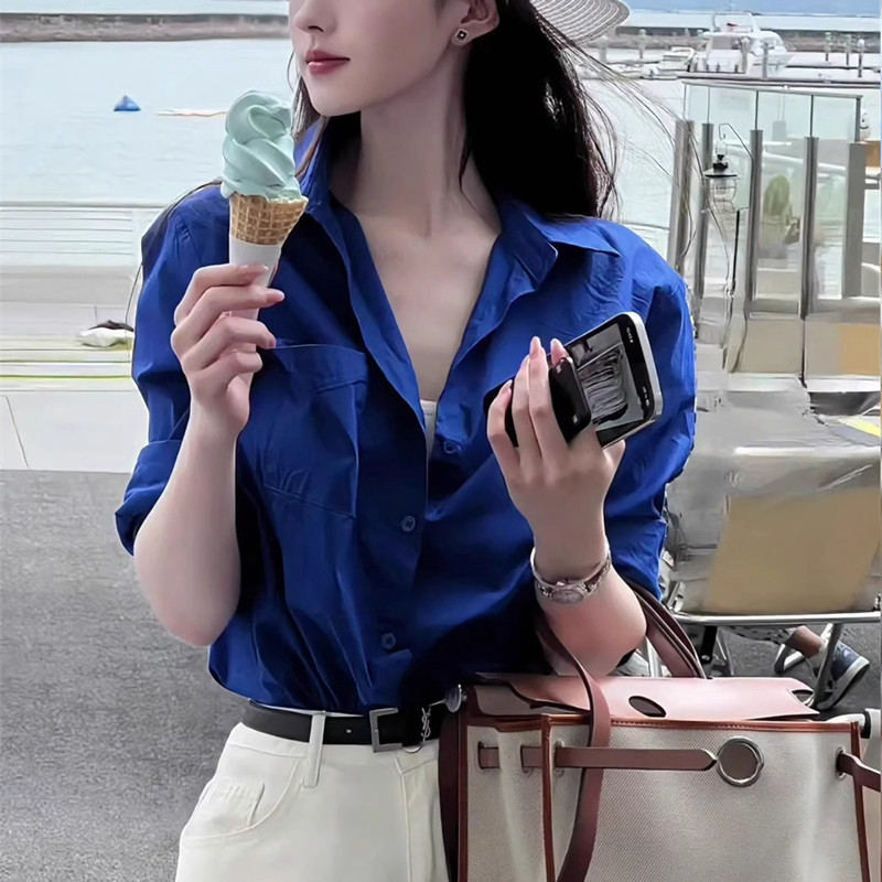 Klein Blue Polo Collar Long Sleeve Women's Shirt Korean Fashion New Spring Summer Autumn Casual White Sunscreen Shirt