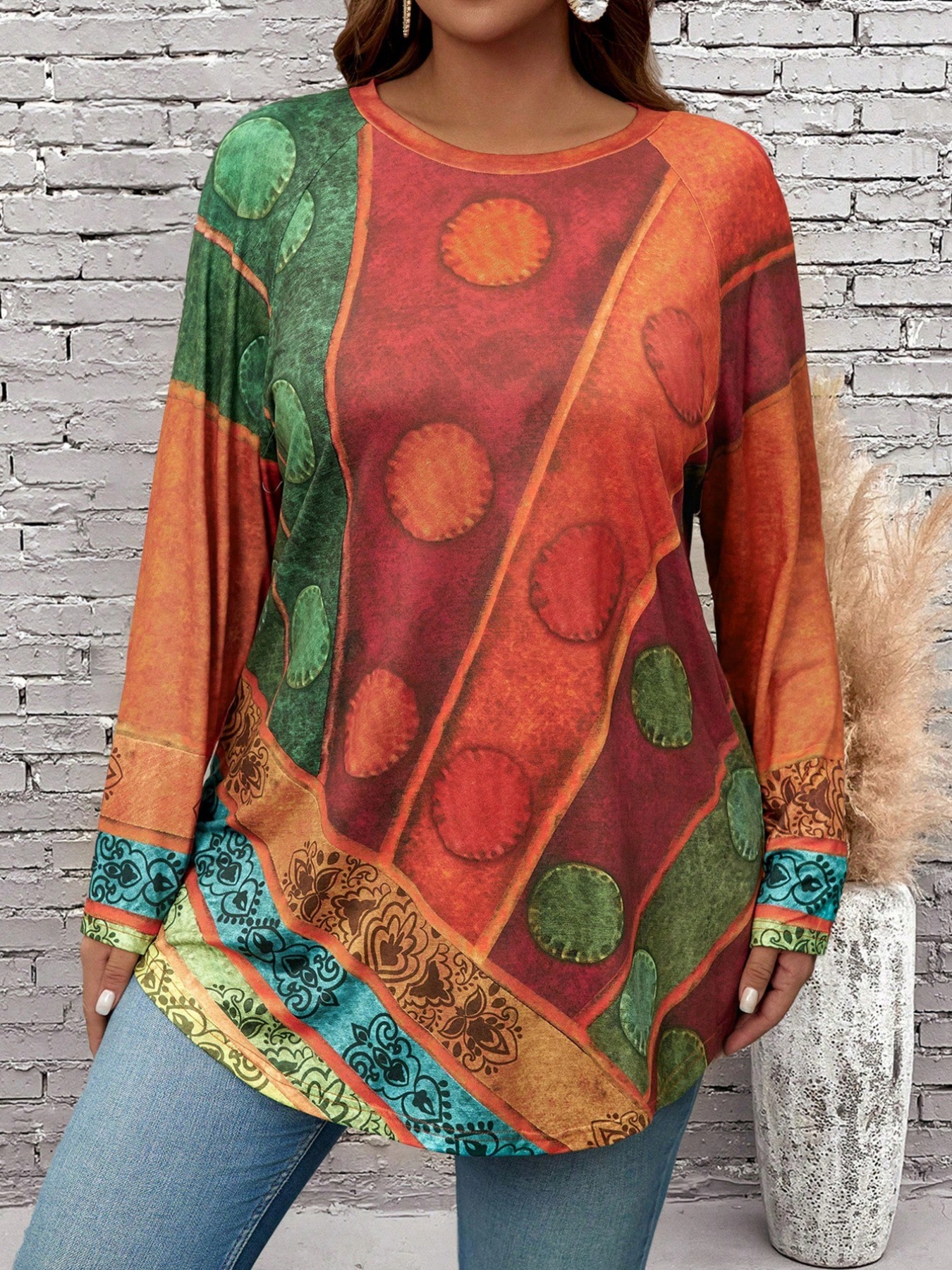 2024 Europa y América Amazon transfronteriza primavera y otoño ropa de mujer de tamaño grande cuello redondo camisa de manga larga impresión retro manga larga