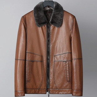 Haining Leather Jacket Men's Genuine Leather Crescent Mink Lining Mink Jacket Oil Wax Cowhide Short Leather Jacket Winter Thick Style