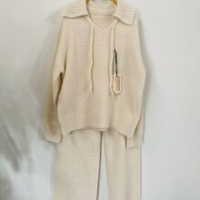 新款家居服软绵绵睡衣女秋冬季加厚保暖甜美纯色针织毛线绒套装