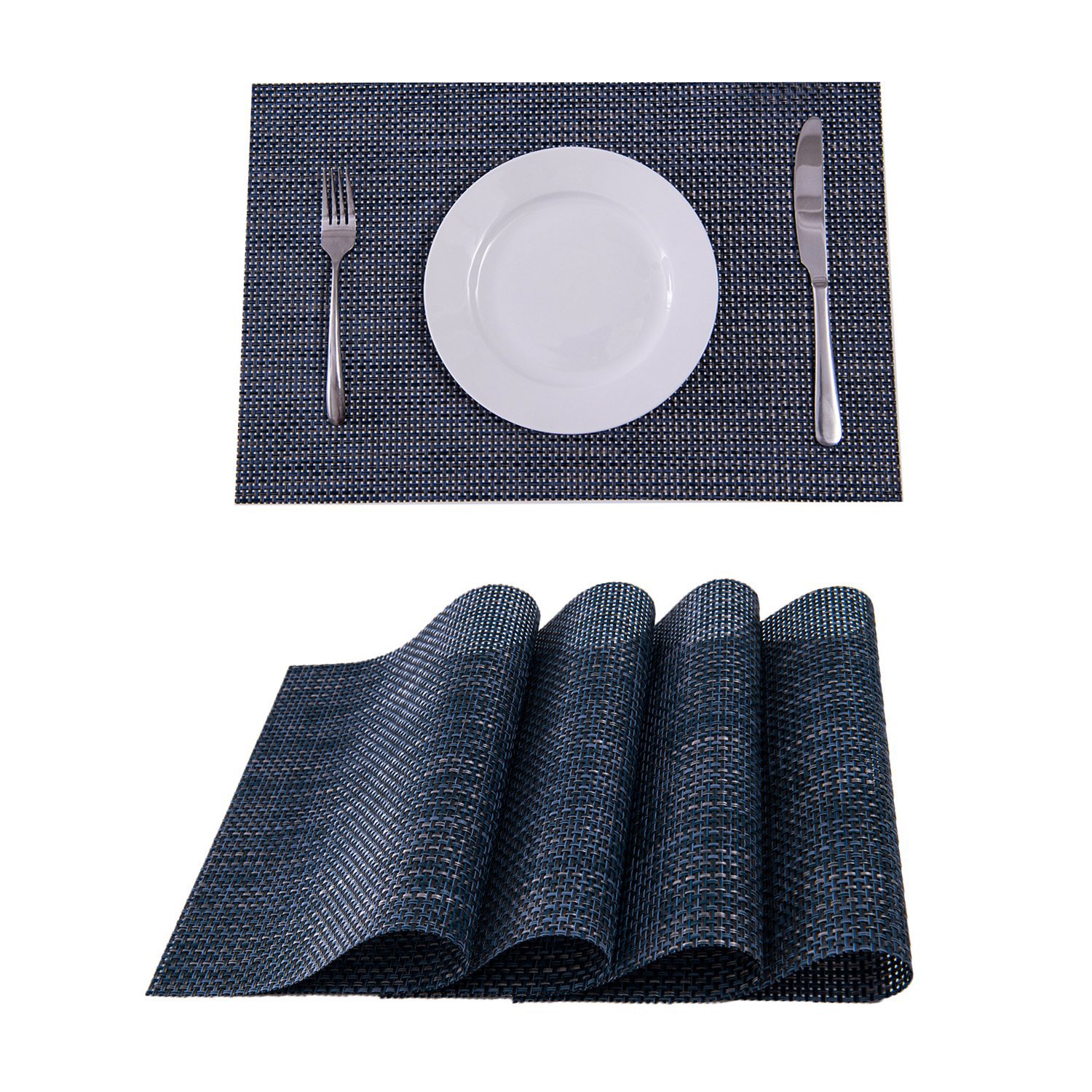 Amazon PVC mantel tejido estera de estilo Europeo de aislamiento de calor antideslizante Mesa estera Posavasos 4*4 placemat Teslin en stock al por mayor