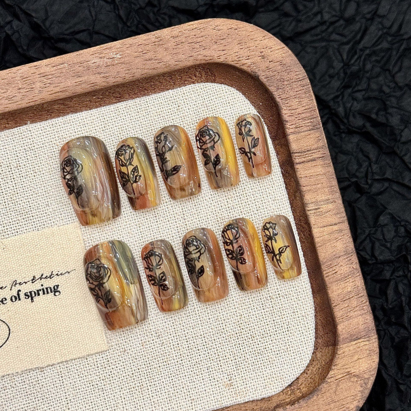 [Deep Rose] Dried Rose Oil Painting Smudged to Show Whitening, High-End Exquisite Short Style Pure Handmade Wearable Nails Wholesale