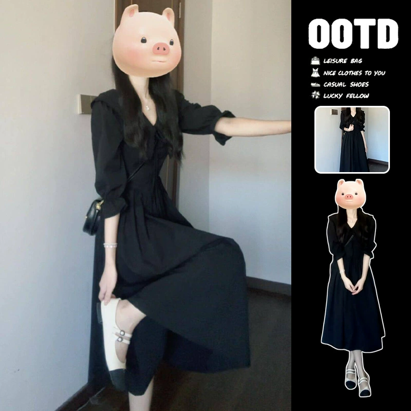 Черное платье с длинными рукавами для женщин, лето 2025, новинка ранней весны, длинная юбка в корейском стиле, атмосферная одежда