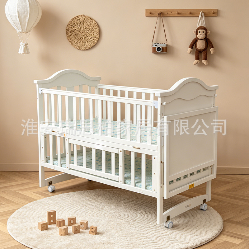 Solid wood baby crib, multifunctional newborn baby splicing bed with diaper changing table, youth bed with removable storage, cross-border