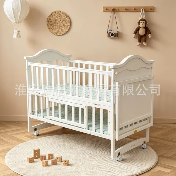 Solid wood baby crib, multifunctional newborn baby splicing bed with diaper changing table, youth bed with removable storage, cross-border