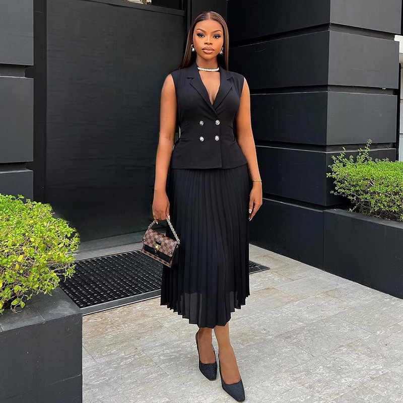 300g Weight Sleeveless Sleeve Length Polyester Fabric Type Skirt Co-ord Set Sets Type 2 Pieces Set Quantity Business Occasion Business Women's Formal Solid Color Polyester Button Skirt Co-ord Set Skirt Sets