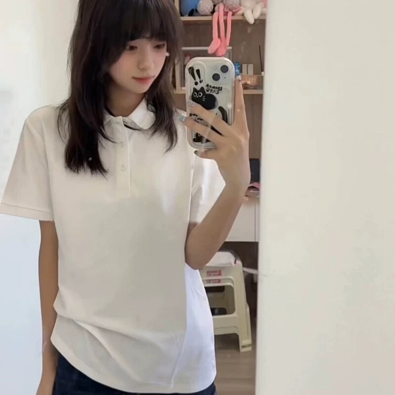 Summer American-Style Basic Slim-Fit Short-Sleeve Polo Shirt for Women, Heavy-Duty Regular Shoulder Mature Short-Sleeve Shirt T-Shirt for Spring and Autumn