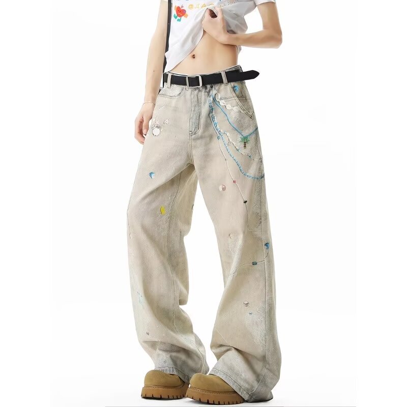 Women's Loose Straight-Leg Jeans Spring Summer New Design Graffiti Print Long Pants Floor-Length Thin