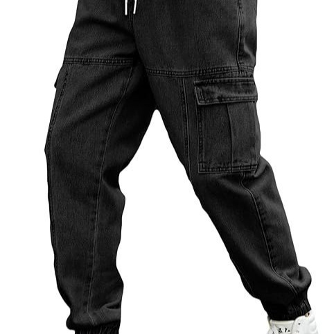 Men's Drawstring Waist Flap Pocket Jogging Cargo Pants Carrot Denim Jeans with Pockets Men's Drawstring Waist Flap Pocket Jogging Cargo Pants Carrot Denim Jeans with Pockets