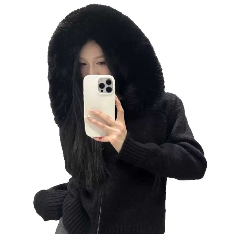 韓国風レトロ秋冬ニットカーディガン レディース ゆったり カジュアル 多用途 長袖 ファー襟付き フード付きセーターコート|undefined