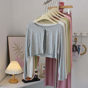 Ultra-short Modal Cardigan Jacket Women's Thin Long-sleeved Sun-protective Shirt Waistcoat with Suspender Skirt with Small Shawl