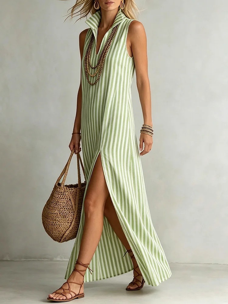 Women's Clothing Striped Stand Up Collar Sleeveless Slit Maxi Dress Women's For Formal & Casual For Women Printed V Neck_ecoleips.com