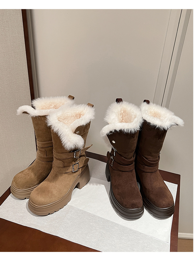 Boot nữ denim đế dày cổ trung lót lông giữ ấm, hai kiểu phối — màu nâu chi tiết 22