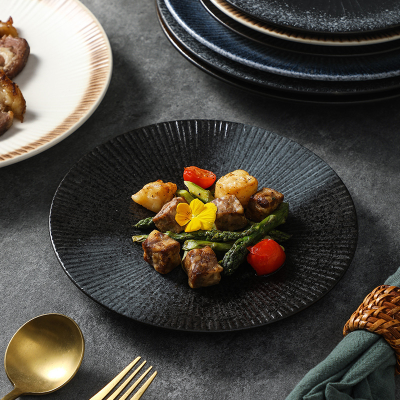Japanese-Style Household Striped Shallow Plate Creative Ceramic High-End Western Steak Plate Japanese Retro Restaurant Hotel Wholesale Plate