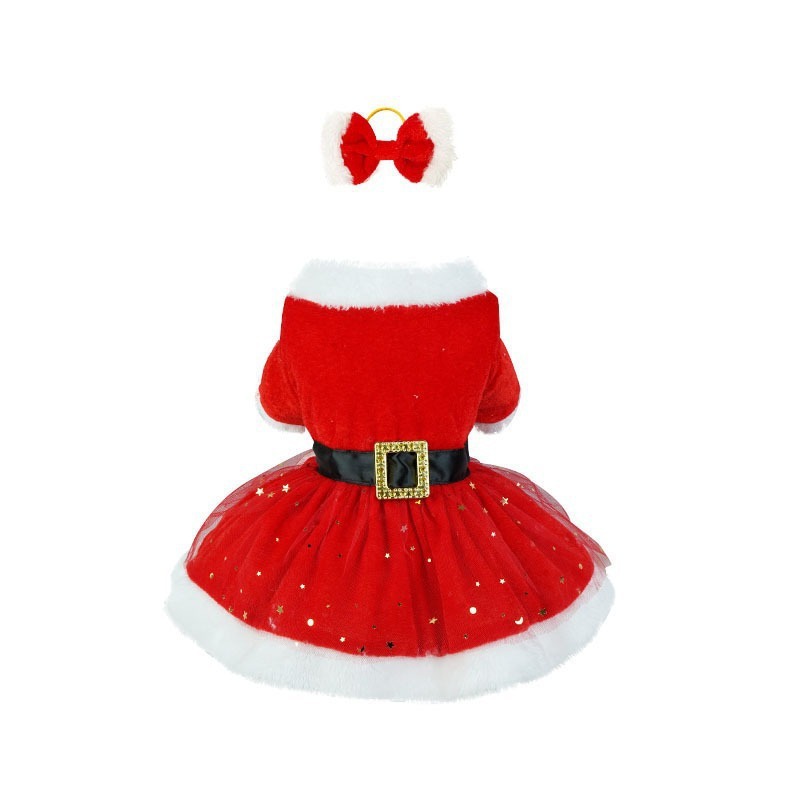 Ropa para mascotas Navidad tela de terciopelo dorado Santa Claus vestido rojo falda malla con anillo pelo
