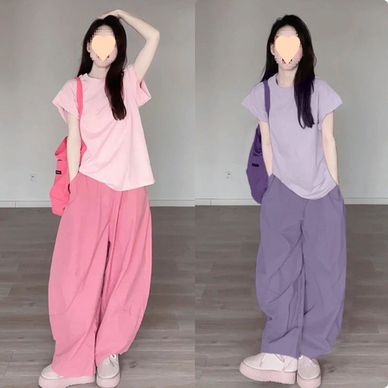 ファットmmプラスサイズ婦人服スーツ2024夏ドーパミンカジュアルスーツTシャツワイドレッグパンツ小柄な2点セット|undefined
