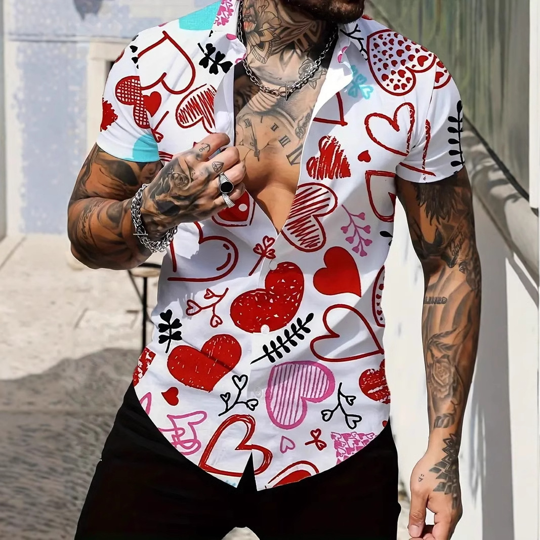 3d love blusa de manga corta con estampado digital, cita romántica, camisa de un solo pecho transpirable de estilo casual de todo fósforo MB1