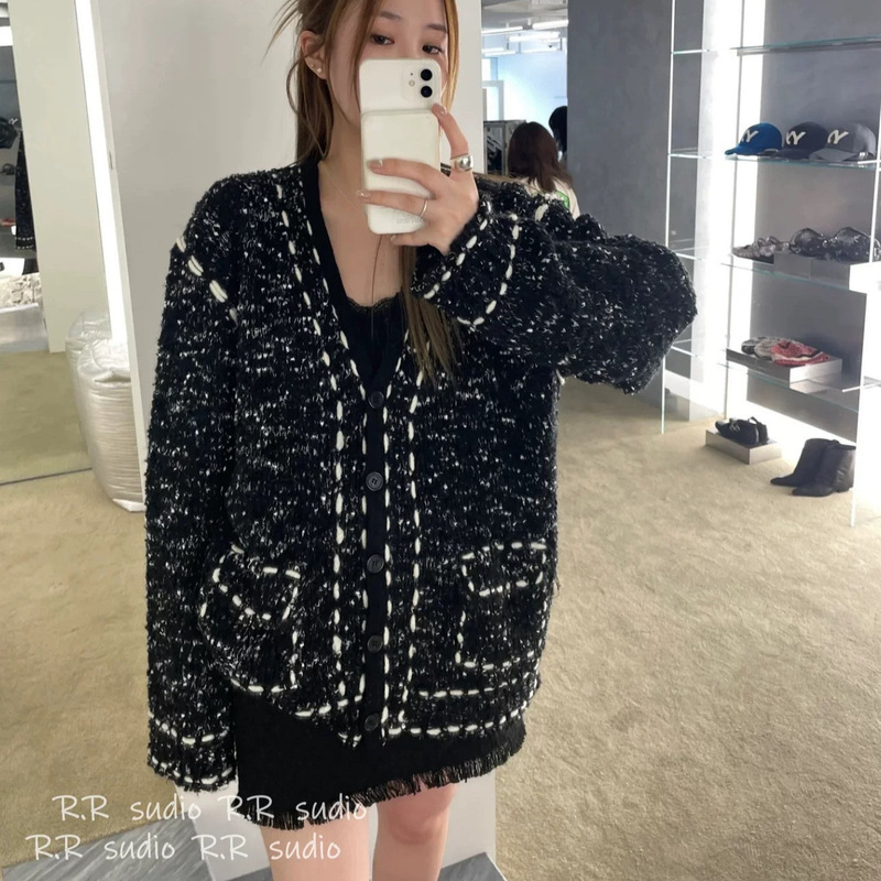重工粗线撞色小香风毛衣外套女秋冬新款宽松慵懒风中长款针织开衫|undefined