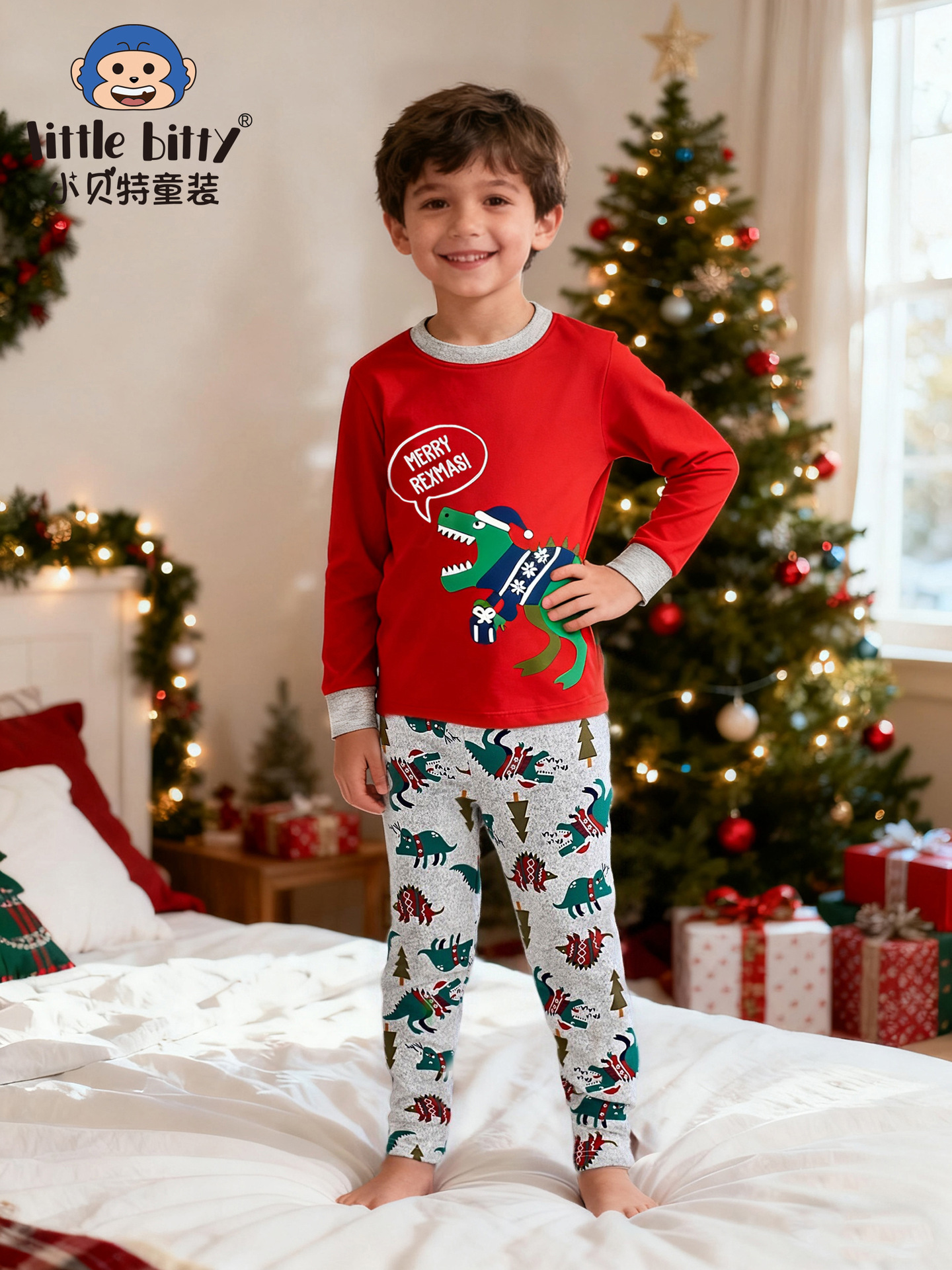 Cross-Border Children's Clothing Christmas Children's Long-Sleeved Suit Cartoon Christmas Dinosaur Print Two-Piece Pajamas Home Clothes