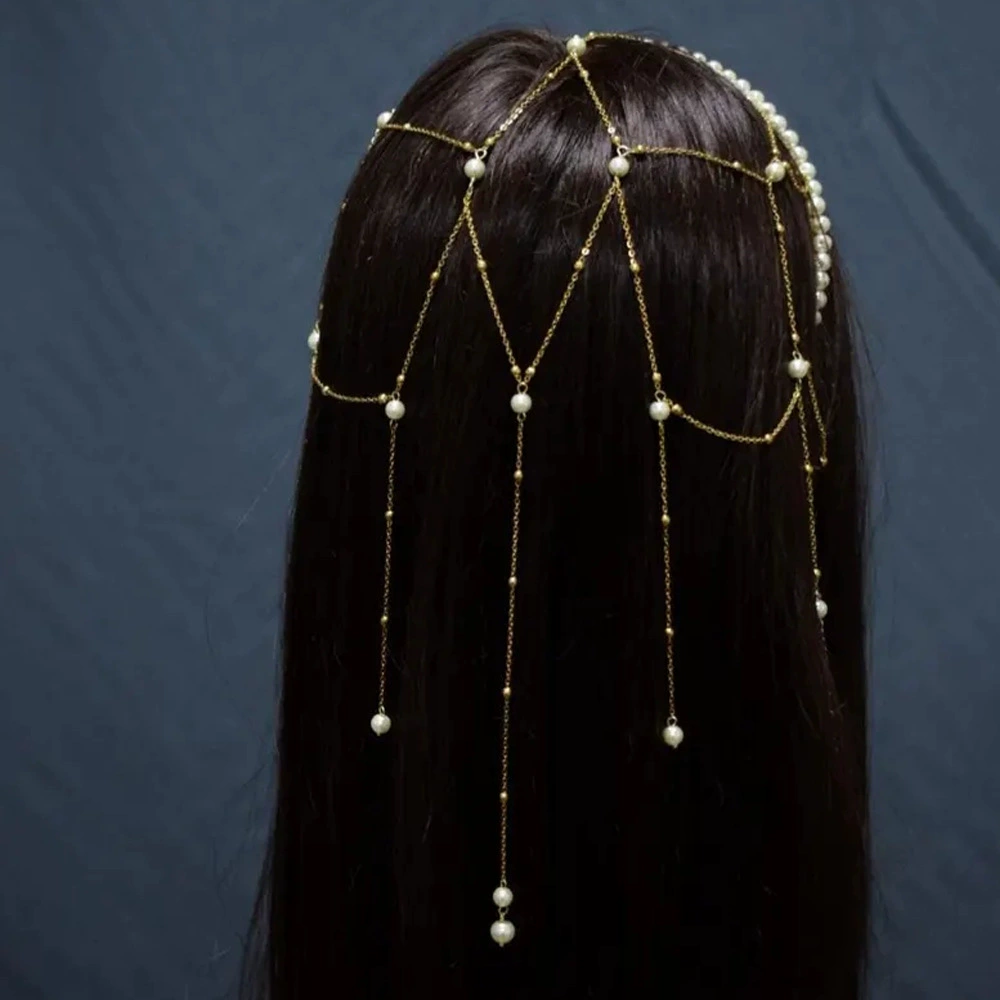 Новая французская повязка на голову с жемчугом для женщин, трансграничный дизайн, цепочка для волос с кисточками, свадебный банкет, экспортные аксессуары, головные уборы