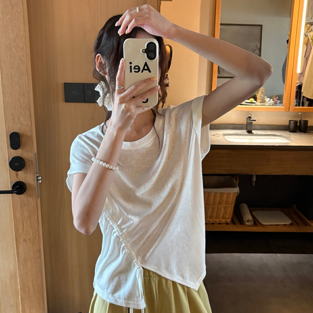 Liquidación, sin devoluciones ni cambios, camiseta de manga corta con cordón de algodón y lino con diseño de copo de nieve de estilo coreano para mujer, top de verano 2025.