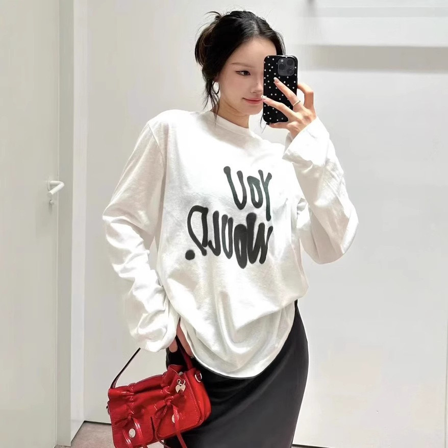 심천 NANYOU 도매 AC 수정 판 스프레이 페인트 편지 느슨한 긴 소매 티셔츠 여성을위한 풀오버 탑