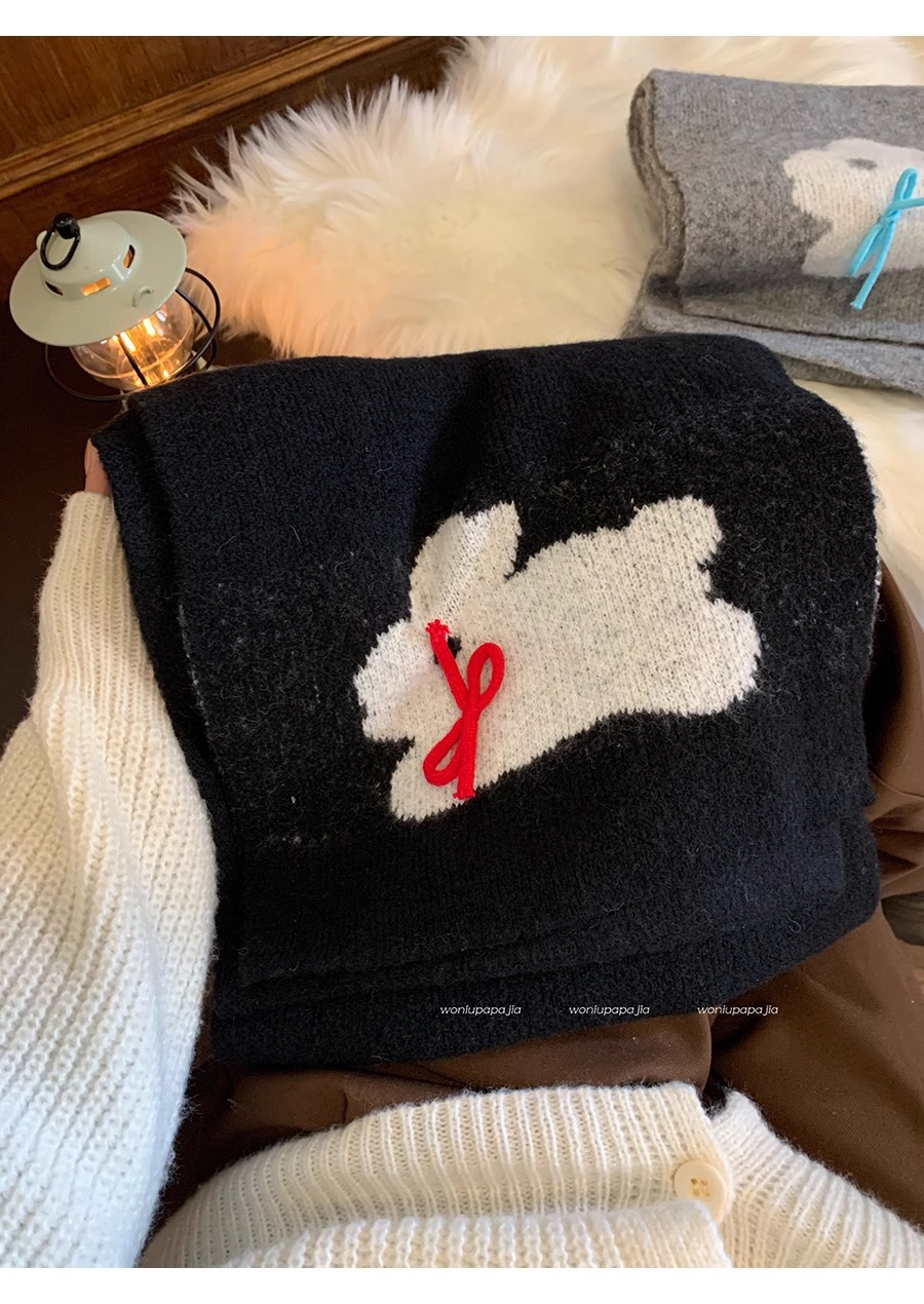 Winter 2024 New Warm Knitted Female Cute Rabbit Bow Leisure Outdoor Windproof and Cold resistant Scarf_voghion.com