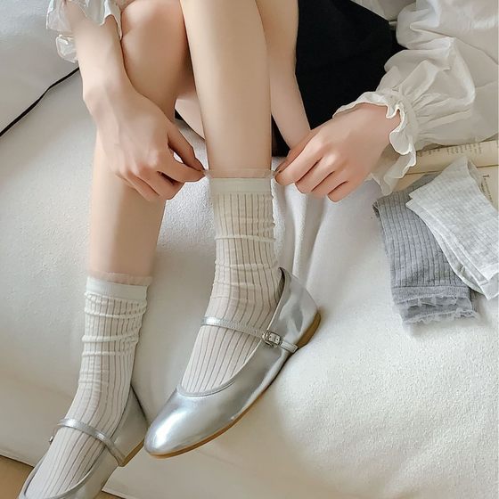 Summer Thin Socks Women's Japanese Style Solid Color Lace Mid-Length Socks Sweet All-Match Vertical Stripes Summer Stacked Socks