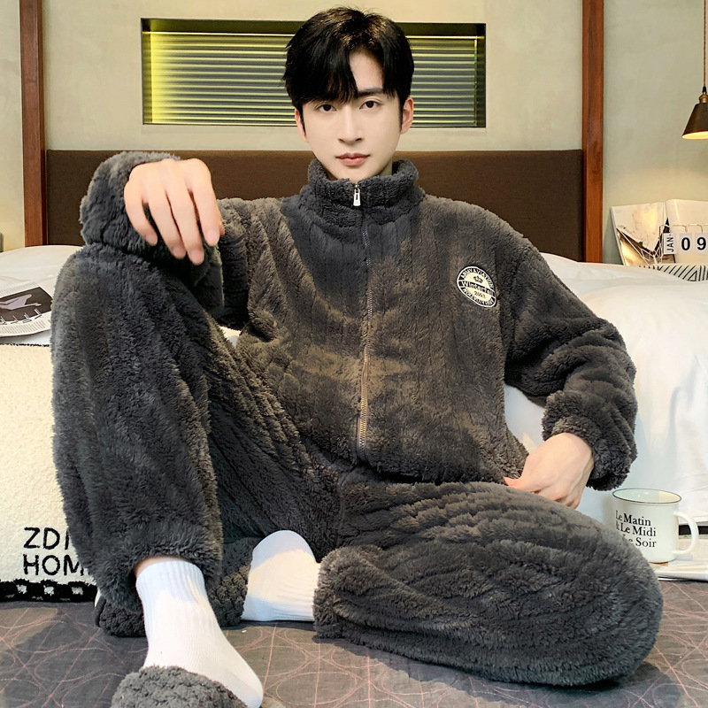 Invierno nuevo pijama de terciopelo de coral para hombres jacquard coreano casual simple con cremallera set de ropa de casero comercio exterior al por mayor
