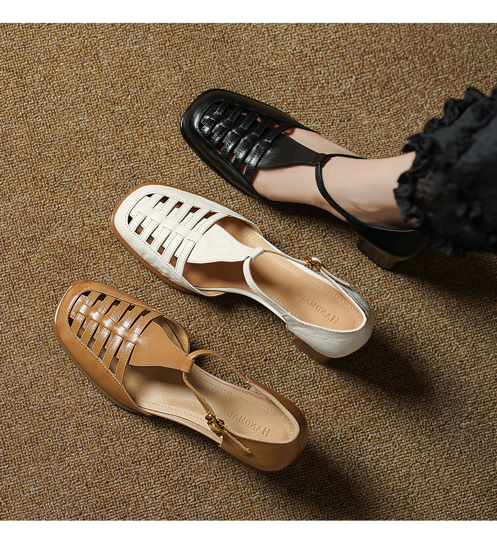 Sandal cao gót nữ mũi nhọn quai chữ T dệt hở gót, gót 5 cm — đen chi tiết 1
