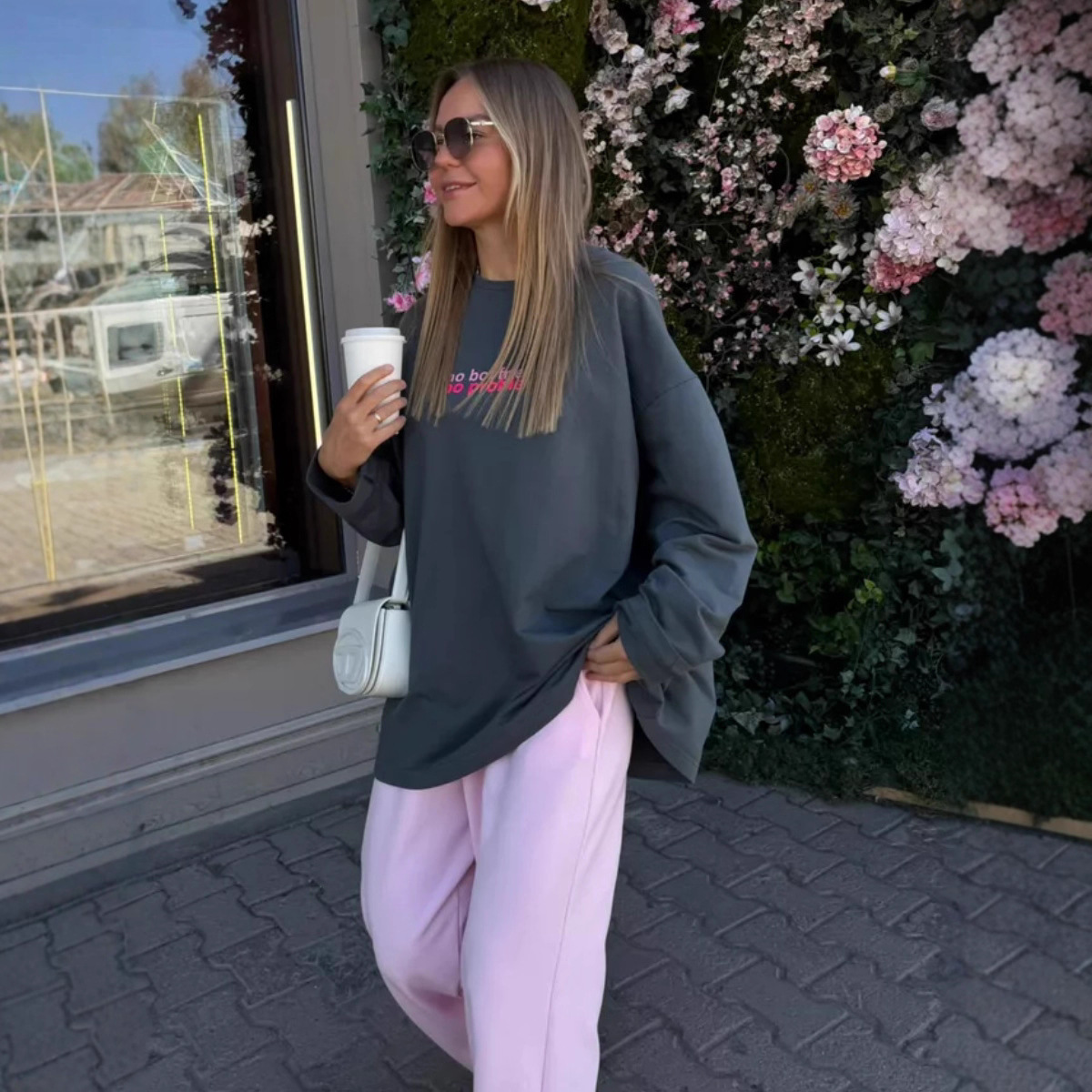 100% Pure Cotton Long-Sleeved T-Shirt Spring and Autum European and American Style Fashionable Stylish Bf Style Loose Slimming Look Flesh-Covering Top