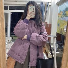 紫色棉服女中长款冬季2023年新款韩版宽松学生加厚学院风棉袄外套