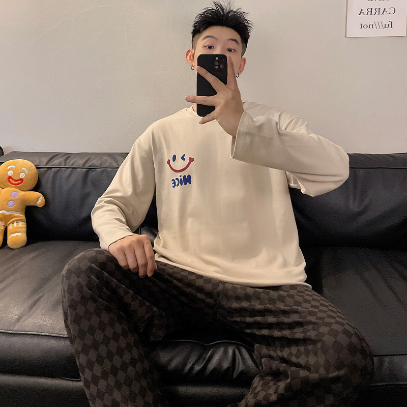 Pijamas de otoño de manga larga para hombre, jersey con cuello redondo, traje de primavera y otoño, ropa informal para el hogar, estilo de otoño e invierno para hombre, se puede usar fuera del traje