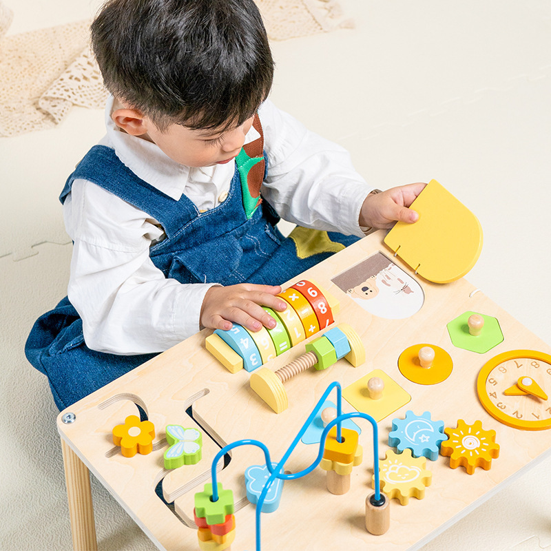 新しい木製子供の早期教育多機能デスクトップビジーボードビーズ目覚まし時計ギアビジーテーブルおもちゃパズル|undefined