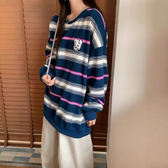 25秋季新款女装 优质彩条棉毛巾绣狗狗图案宽松圆领休闲卫衣女