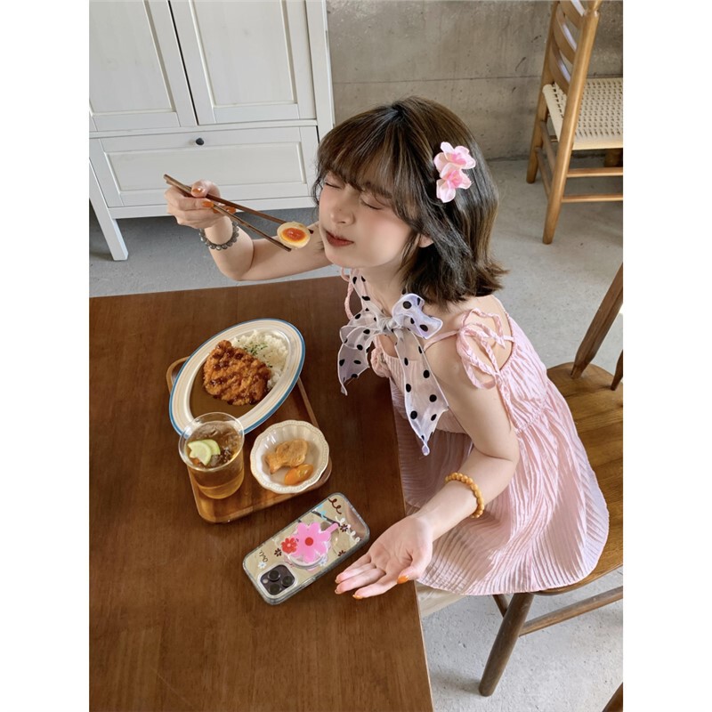 正しいバージョン！夏甘い縦ストライプローズフラワーサスペンダードレス女性の夏のニッチデザインレースアップスカート|undefined