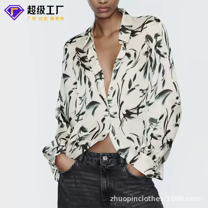 欧美时尚定制水墨植物印花衬衫百搭通勤宽松长袖翻领单排扣衬衫女