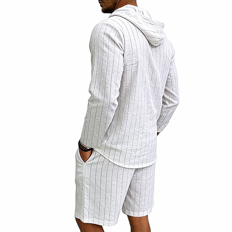 Men's Linen Long Sleeve Hooded Henley Shirt With Shorts Set, Jacquard Vertical Stripe Pattern, Relaxed Fit For Summer Commute And Casual Wear_viptrois.com