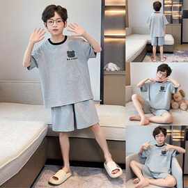 男童睡衣圆领宽松短袖短裤中大童男童卡通超萌家居服夏季舒适套装