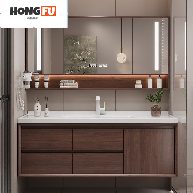 New Chinese Style Oak Paint Bathroom Cabinet Solid Wood Smart Wall-Mounted Washbasin Integrated Ceramic Basin Bathroom Cabinet Combination