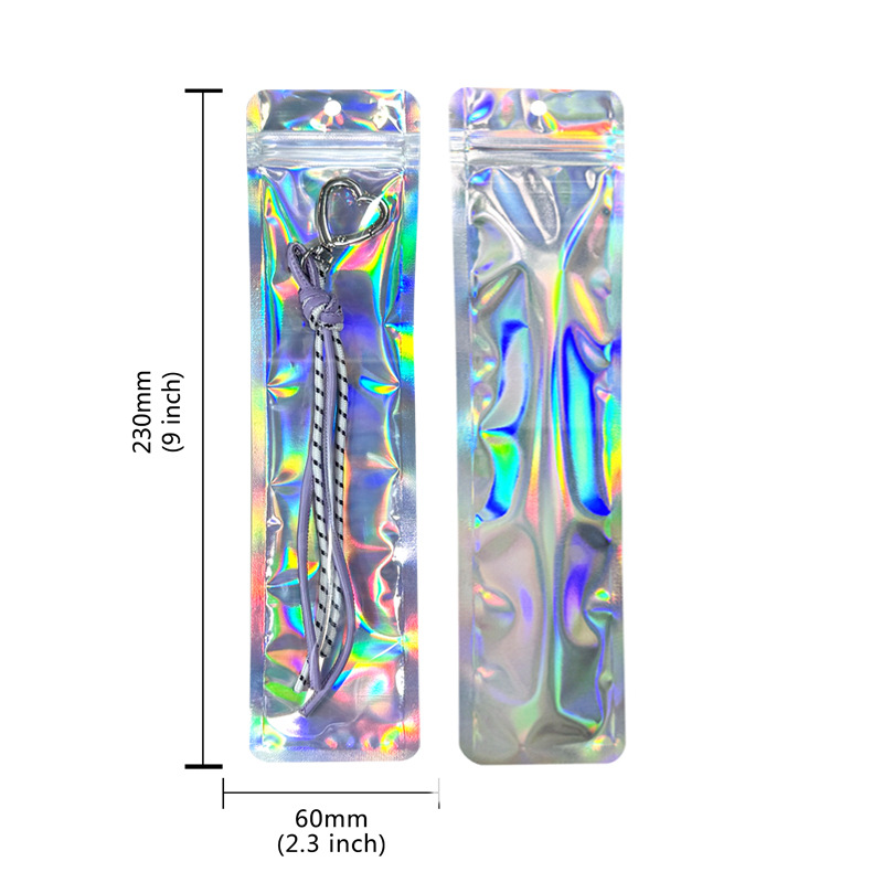 Bolso sellado de tira larga con orificio colgante, bolsa sellada hermética de yin y yang translúcida con láser grueso, cable de datos de joyería, bolsa de embalaje de cepillo de maquillaje