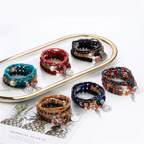 Eurasian Handchain Set Colorful Bohemian Ethnic Style Multi-layer Elastic Rice Bead Bracelet Accessory for Women