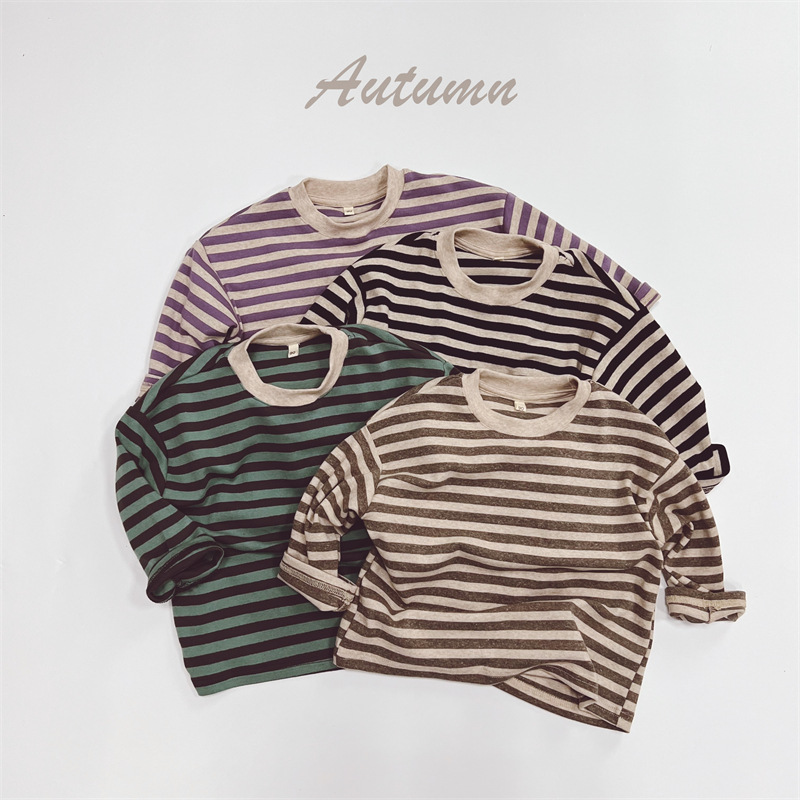 Otoño 2024 Camiseta de manga larga para niños Corea del Sur niños rayas retro cuello redondo suelta niños y niñas top