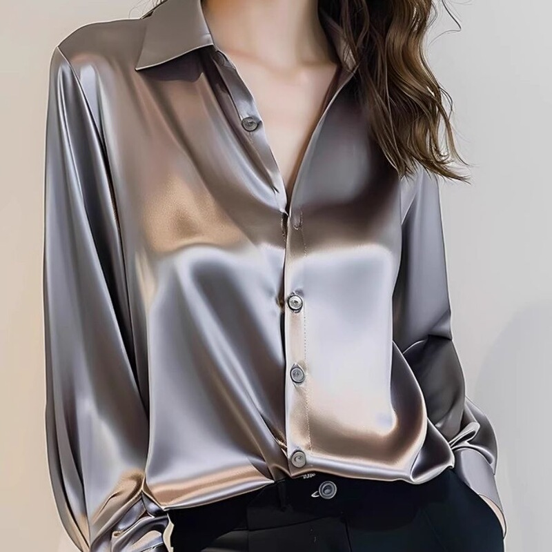 2026 Spring and Autumn New Style High-End Gray Acetate Satin Shirt Women's Long Sleeve Chic French Silk Professional Shirt 2026 Spring and Autumn New Style High-End Gray Acetate Satin Shirt Women's Long Sleeve Chic French Silk Professional Shirt