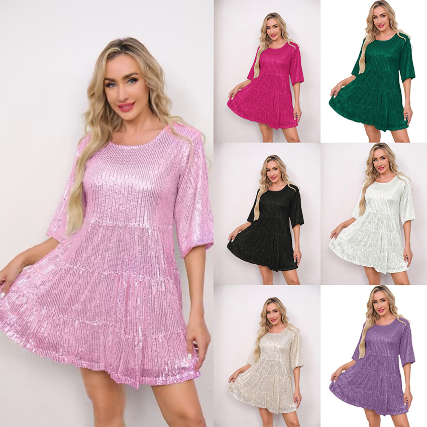欧美跨境外贸新款爆款时尚纯色宽松腰短袖短裙连衣裙宴会亮片礼服