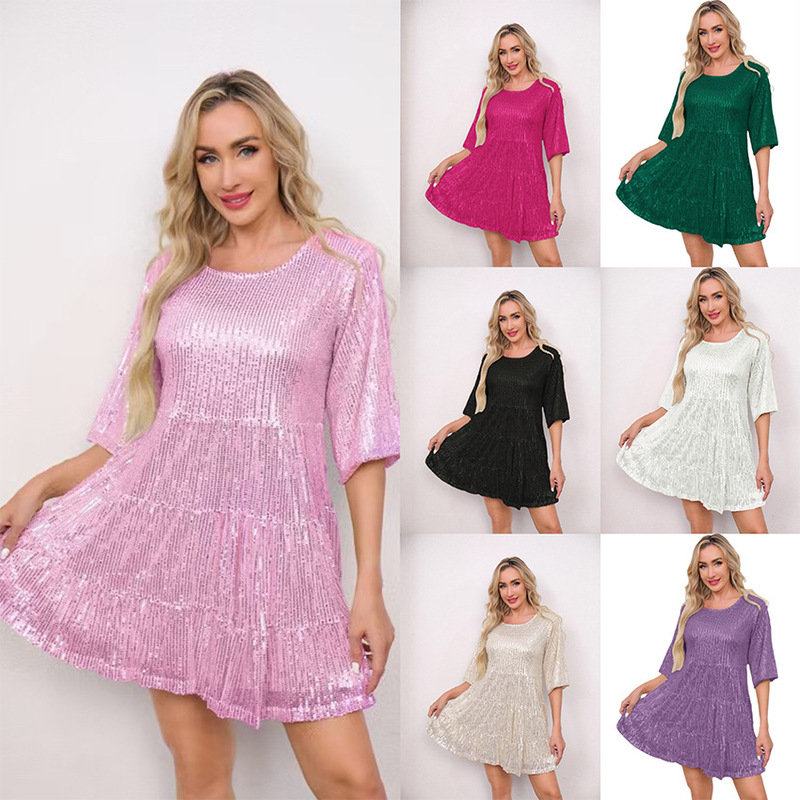 Europe and the United States cross-border foreign trade new popular fashion solid color loose waist short sleeve skirt dress banquet sequined dress Europe and the United States cross-border foreign trade new popular fashion solid color loose waist short sleeve skirt dress banquet sequined dress